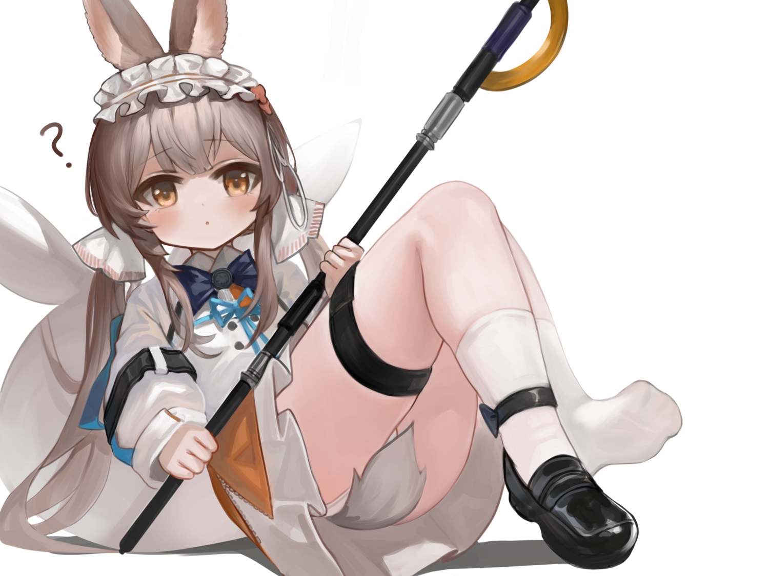 animal_ears, arknights, bow, brown_eyes, brown_hair, bunnygirl, dokomon, dress