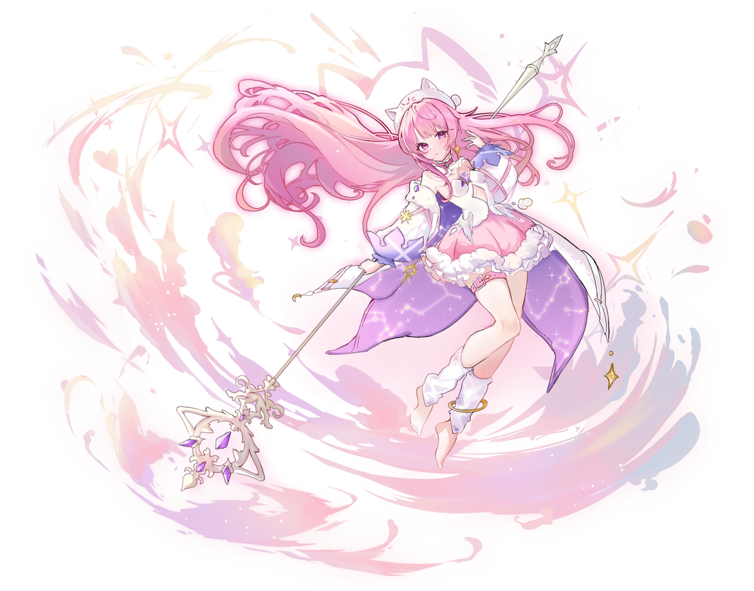 animal_ears, barefoot, blush, cat_smile, dress, garter, hat, long_hair, magic, original, pink_hair, purple_eyes, sakutaishi, staff, white