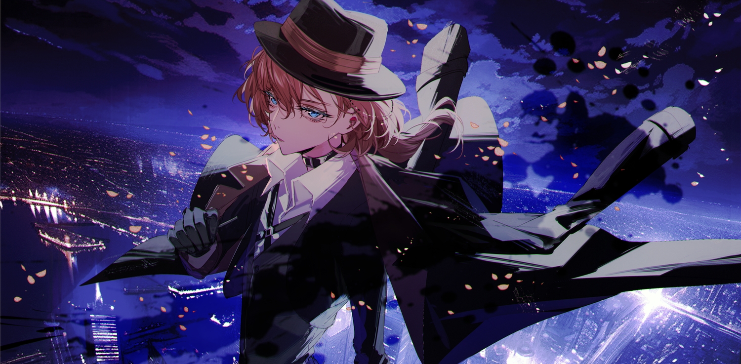 all_male, baocaizi, blue_eyes, brown_hair, building, bungou_stray_dogs, cape, city