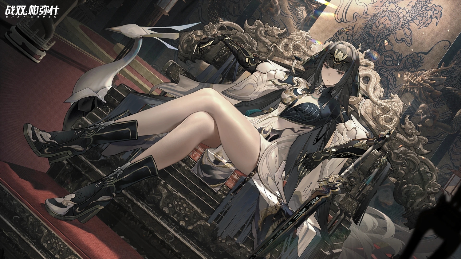 armor, black_eyes, black_hair, boots, braids, chinese_clothes, dress, elbow_gloves
