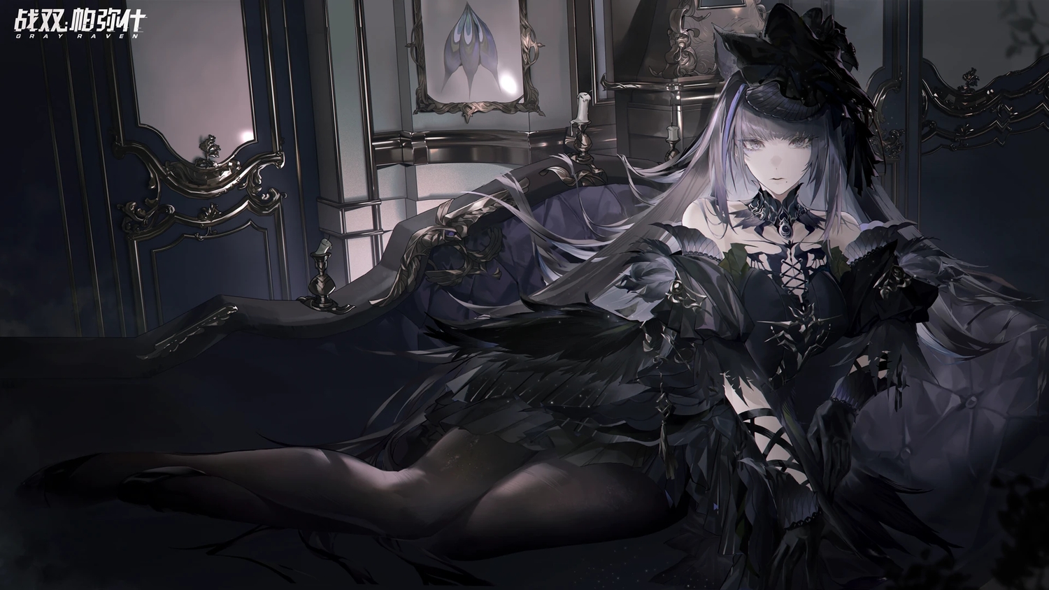 3d, couch, dress, feathers, gloves, gray_eyes, gray_hair, hat