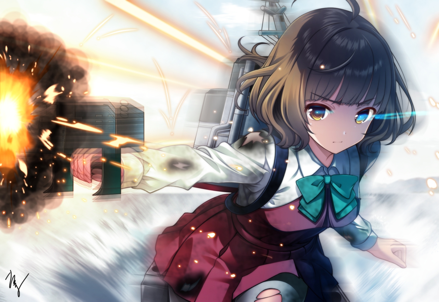 anthropomorphism, bow, brown_hair, gun, kantai_collection, kishinami_(kancolle), pantyhose, school_uniform