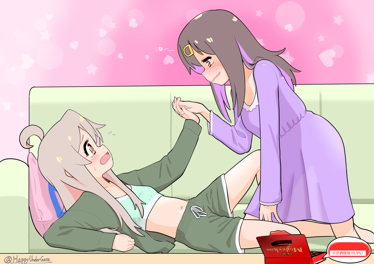 2girls, blush, bra, brown_eyes, couch, dress, food, gray_hair