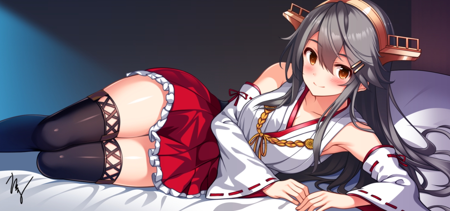 anthropomorphism, bed, black_hair, blush, brown_eyes, haruna_(kancolle), headband, japanese_clothes, kantai_collection, long_hair, miko, signed, skirt, tagme_(character), takuma_(takumo7121), thighhighs, zettai_ryouiki