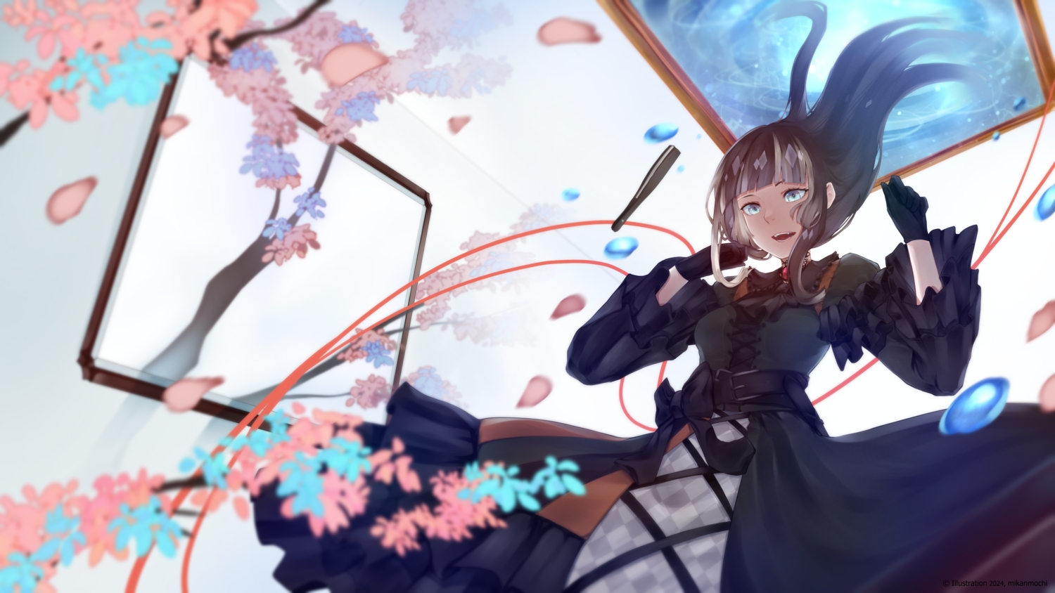aqua_eyes, black_hair, dress, fang, flowers, gloves, goth-loli, hololive