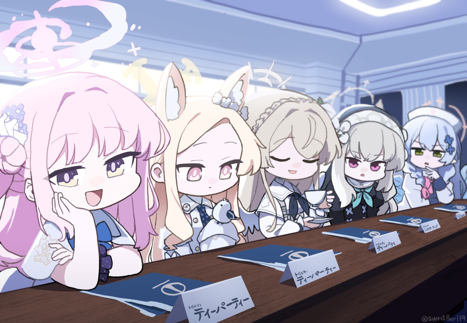 animal_ears, aomori_mine, blonde_hair, blue_archive, blue_hair, chibi, dress, foxgirl