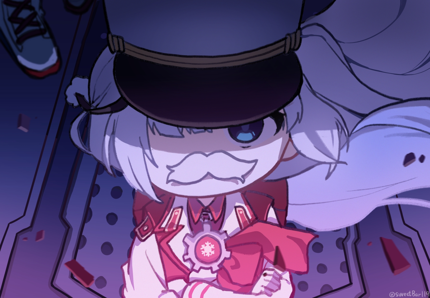 blue_archive, blue_eyes, chibi, close, dark, dress, hat, military