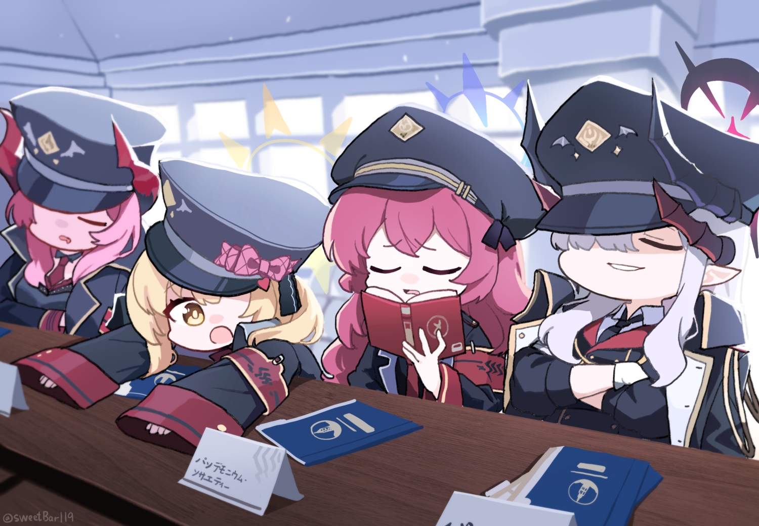 blue_archive, cape, chibi, gloves, gray_hair, group, hanuma_makoto, hat