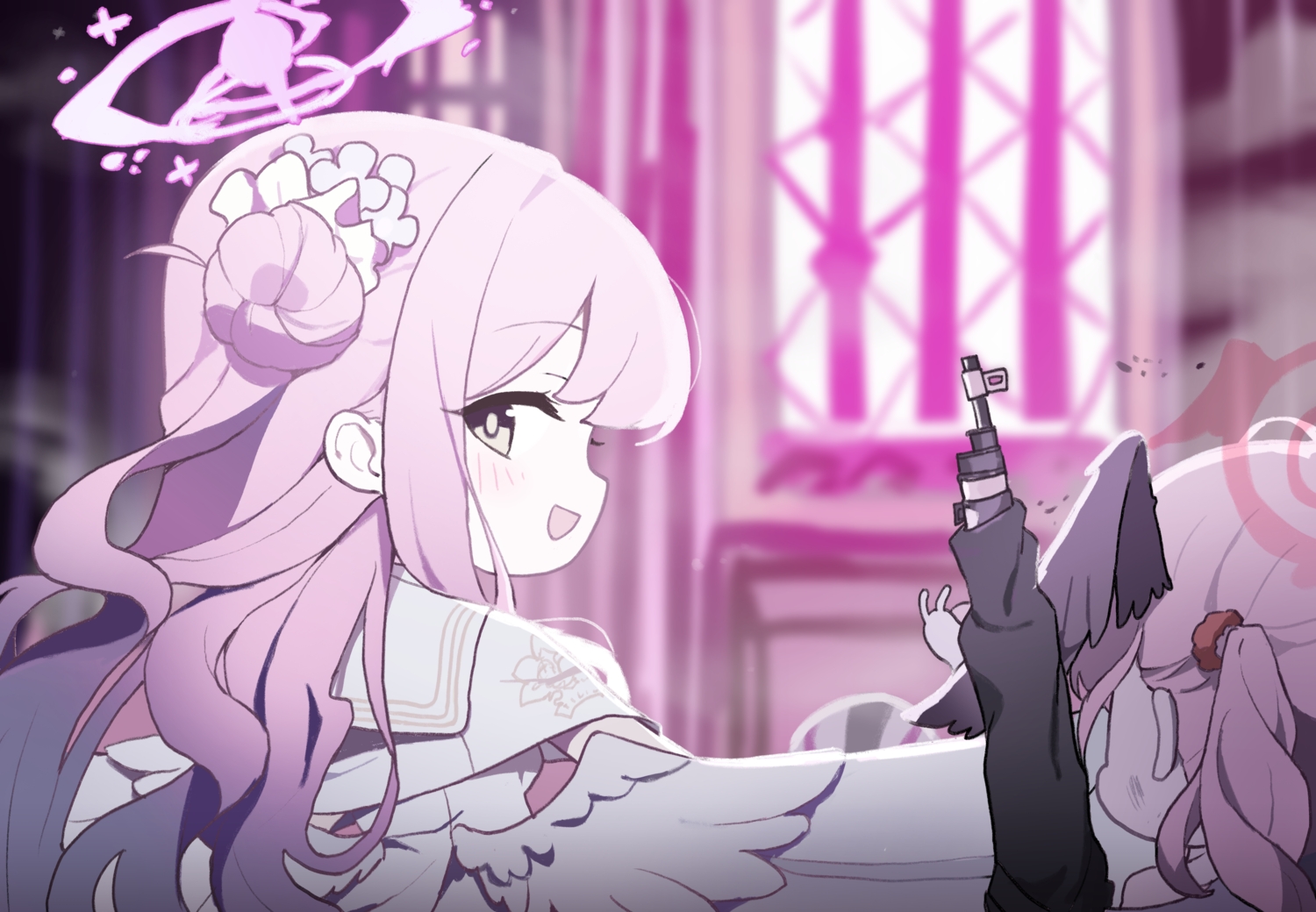 2girls, blue_archive, blush, cape, chibi, dress, gun, halo