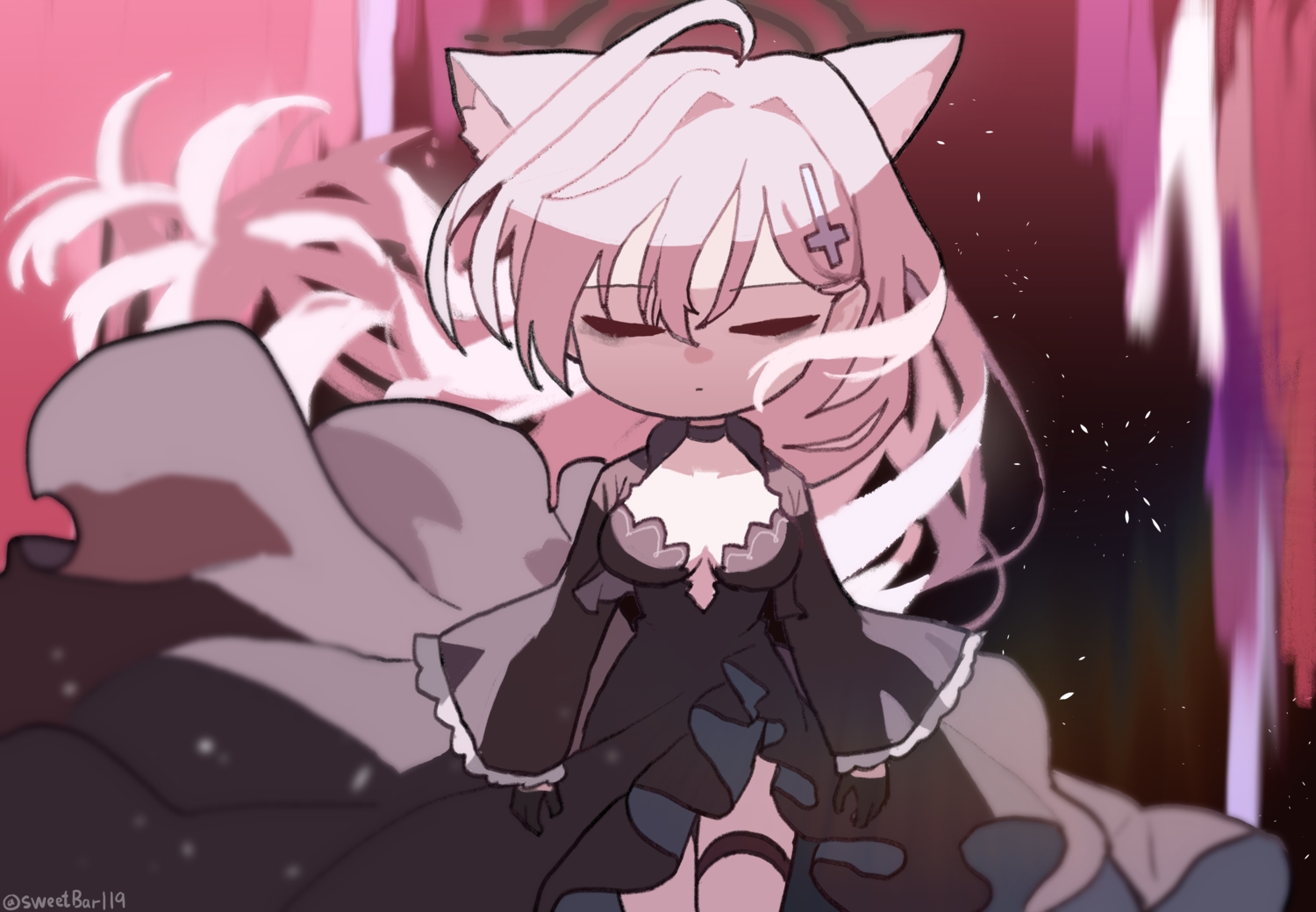 animal_ears, blue_archive, breasts, chibi, choker, cleavage, cross, dress, garter, gloves, halo, shiroko_(terror)_(blue_archive), signed, sunaookami_shiroko, white_hair, wolfgirl, yanggaengwang