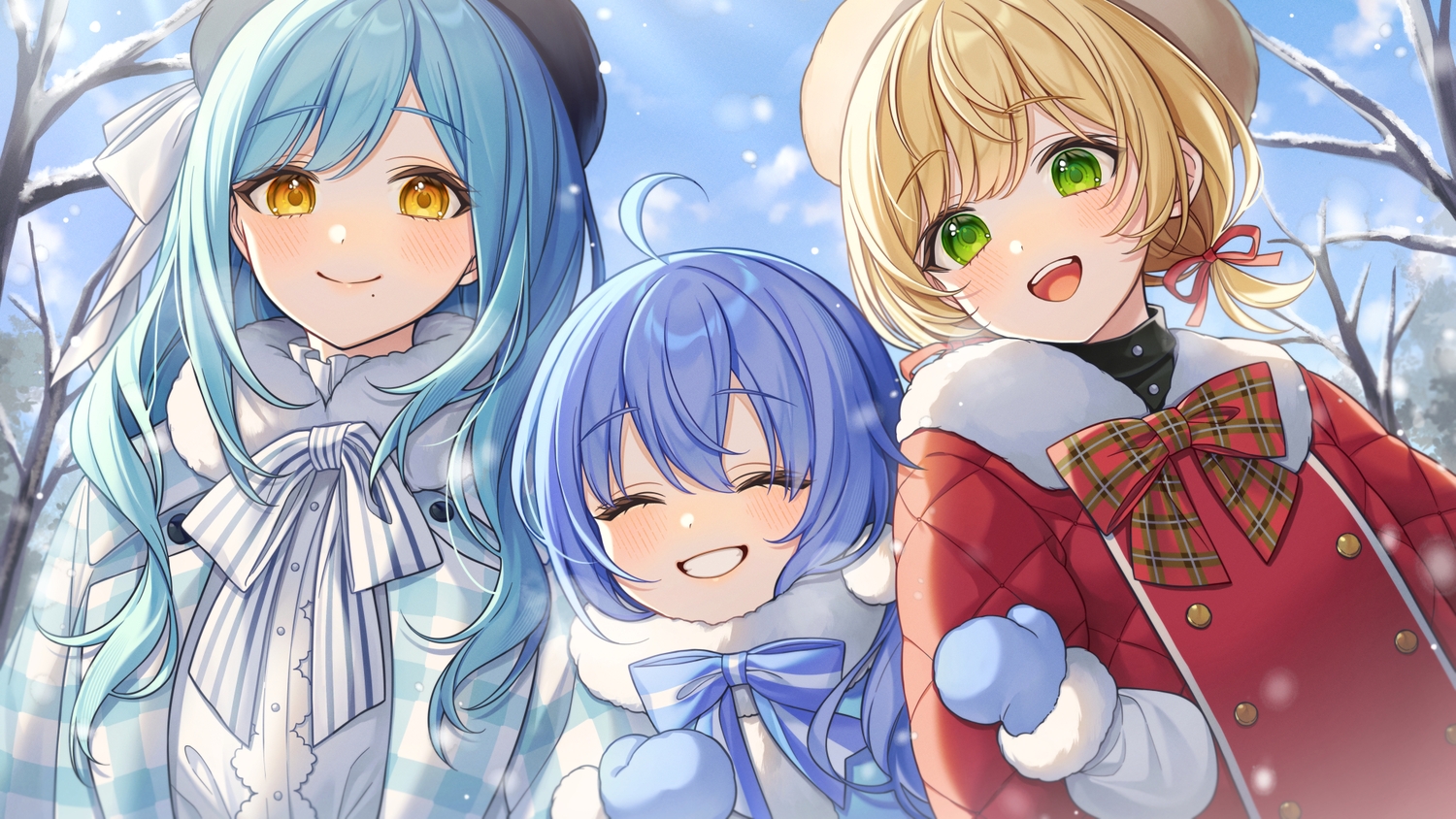 aqua_hair, blonde_hair, blue_hair, blush, close, clouds, dress, gloves