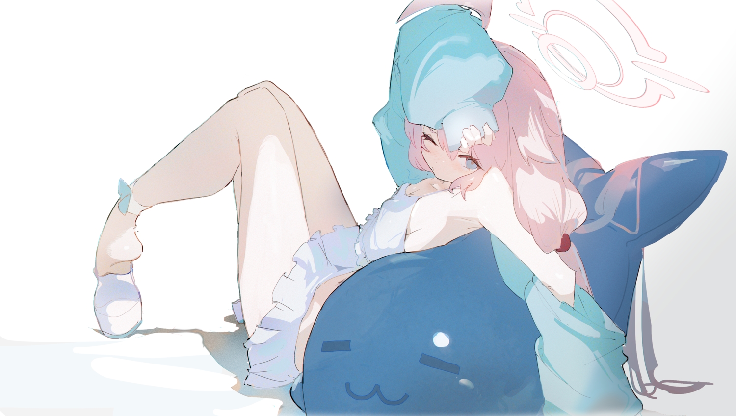 bikini, blue_archive, blue_eyes, blush, flat_chest, halo, long_hair, pink_hair