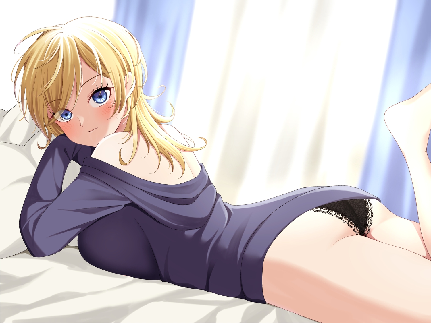 anthropomorphism, ass, barefoot, bed, blonde_hair, blue_eyes, blush, breasts, kantai_collection, panties, shirt, short_hair, tuscaloosa_(kancolle), underwear, yomogi_dango
