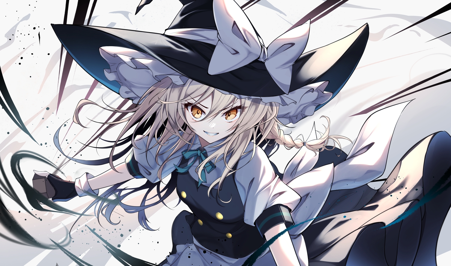 apron, blonde_hair, bow, braids, dress, gloves, hat, kirisame_marisa