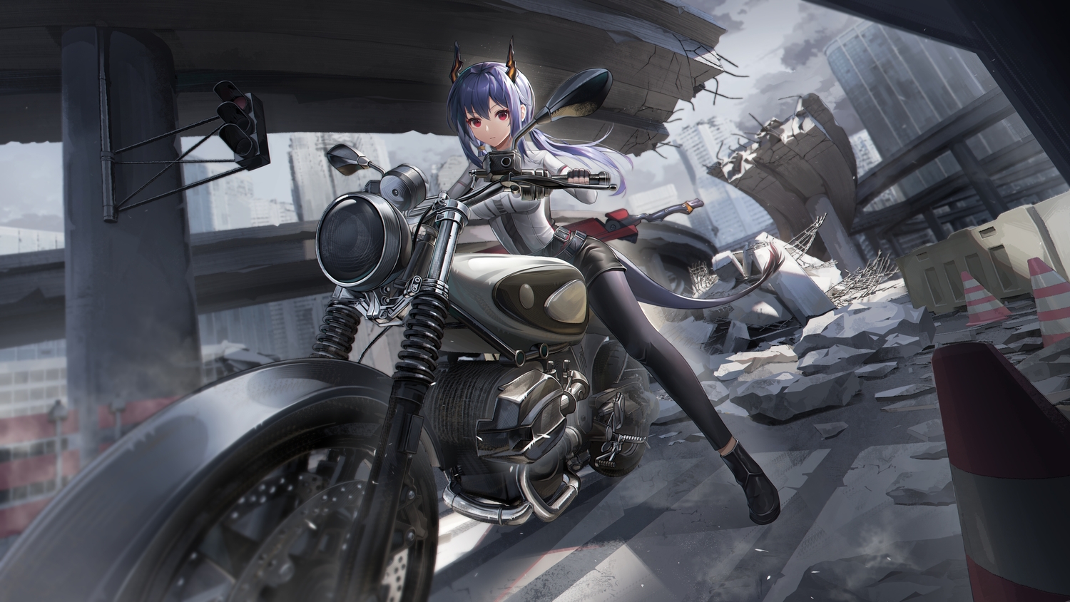 arknights, blue_hair, blush, boots, building, ch'en_(arknights), city, clouds, gloves, horns, long_hair, motorcycle, pantyhose, red_eyes, ruins, shorts, sky, sword, tail, wa_(user_snch2757), weapon