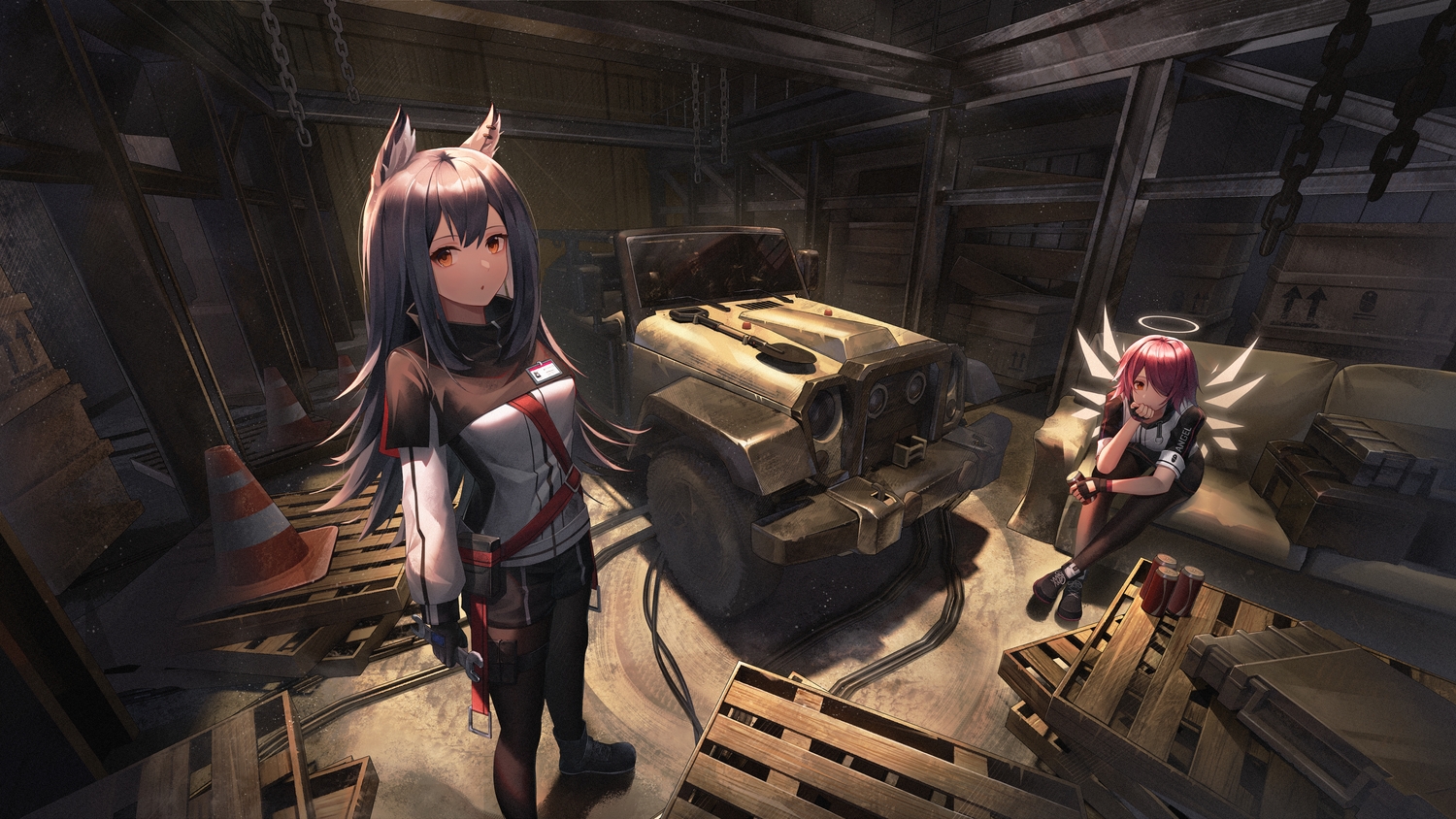 2girls, animal_ears, arknights, black_hair, boots, car, chain, drink