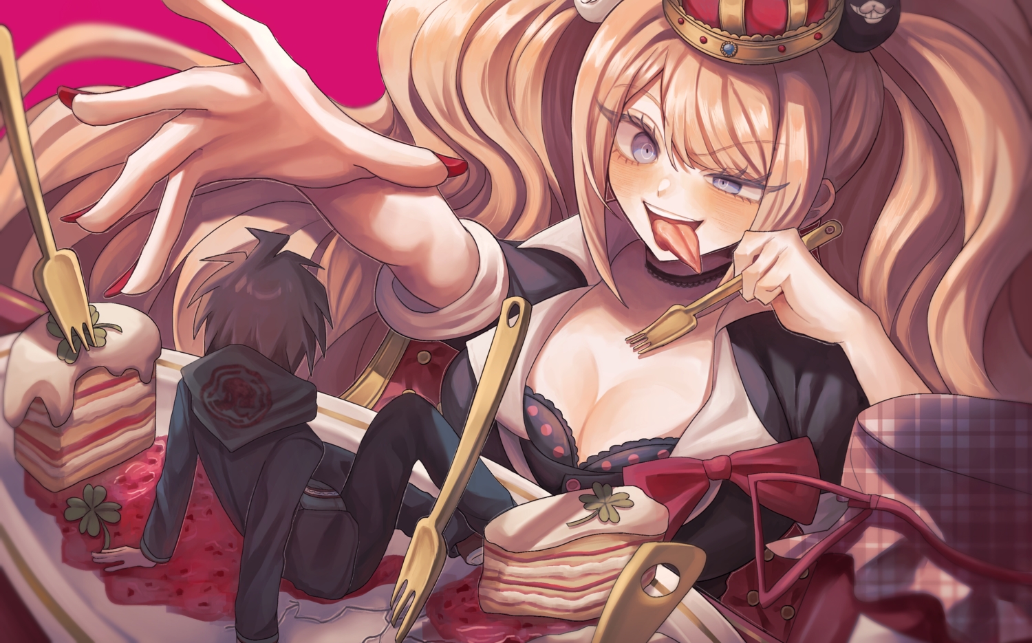 aliasing, black_hair, blonde_hair, blue_eyes, blush, bow, bra, breasts, cake, choker, cleavage, crown, dangan-ronpa, enoshima_junko, food, hood, long_hair, male, naegi_makoto, nailu, short_hair, twintails, underwear