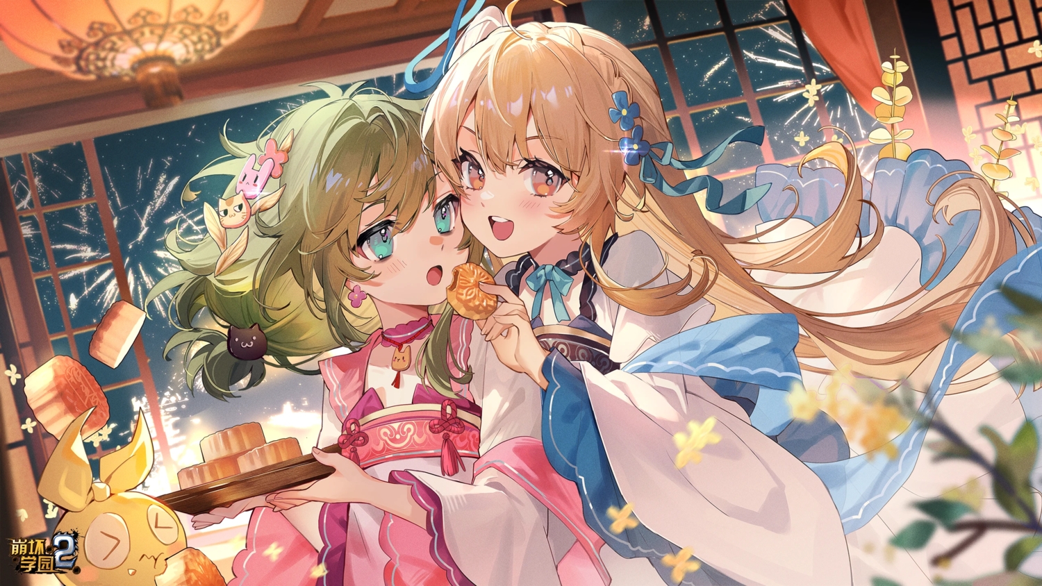2girls, aqua_eyes, blonde_hair, blush, bow, braids, chinese_clothes, choker, femirins_(honkai_impact), fire, flat_chest, food, green_hair, honkai_impact, honkai_(series), logo, night, red_eyes, sky, tagme_(artist), yssring_leavtruth