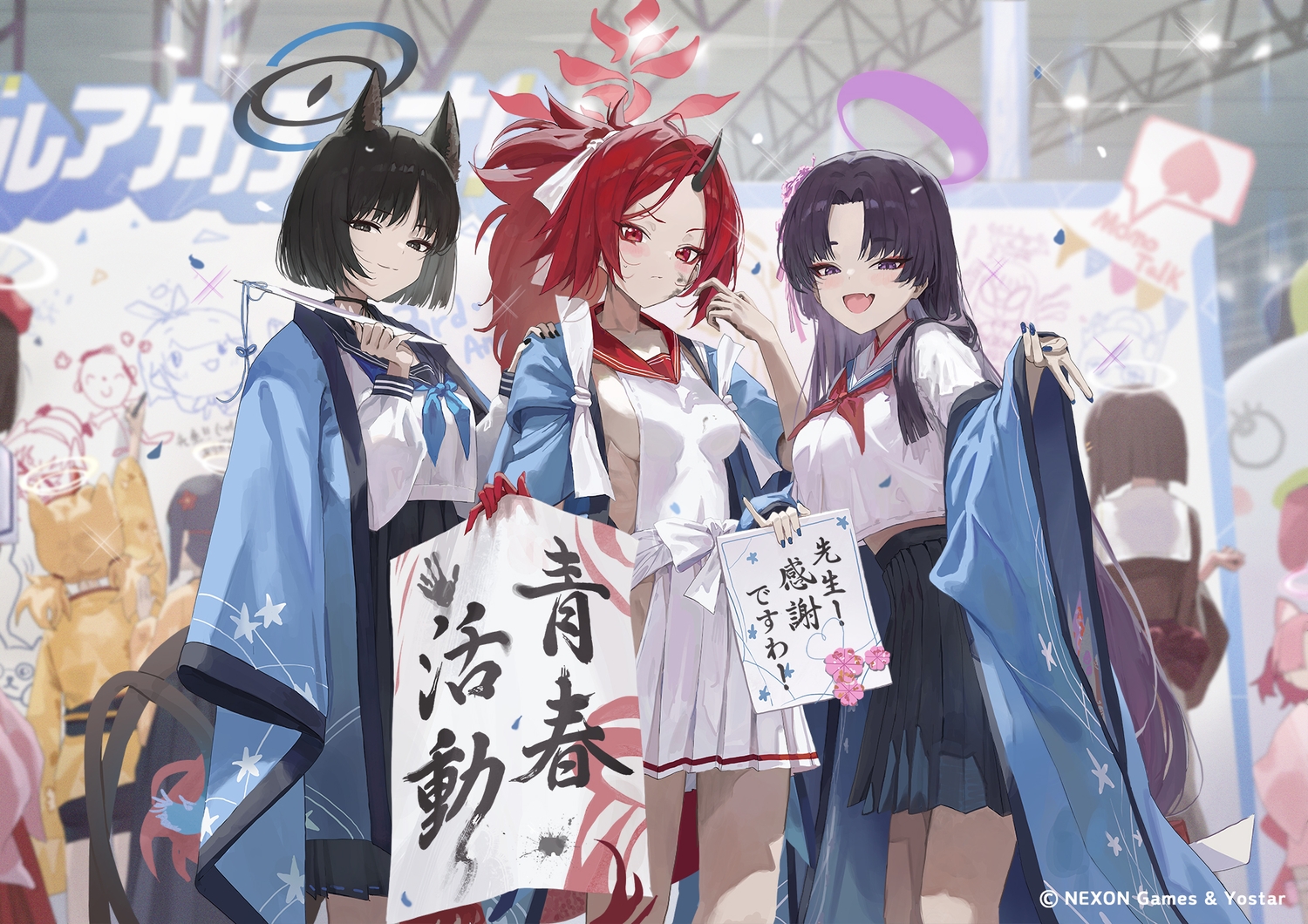 black_eyes, black_hair, blue_archive, blush, cape, catgirl, choker, fang