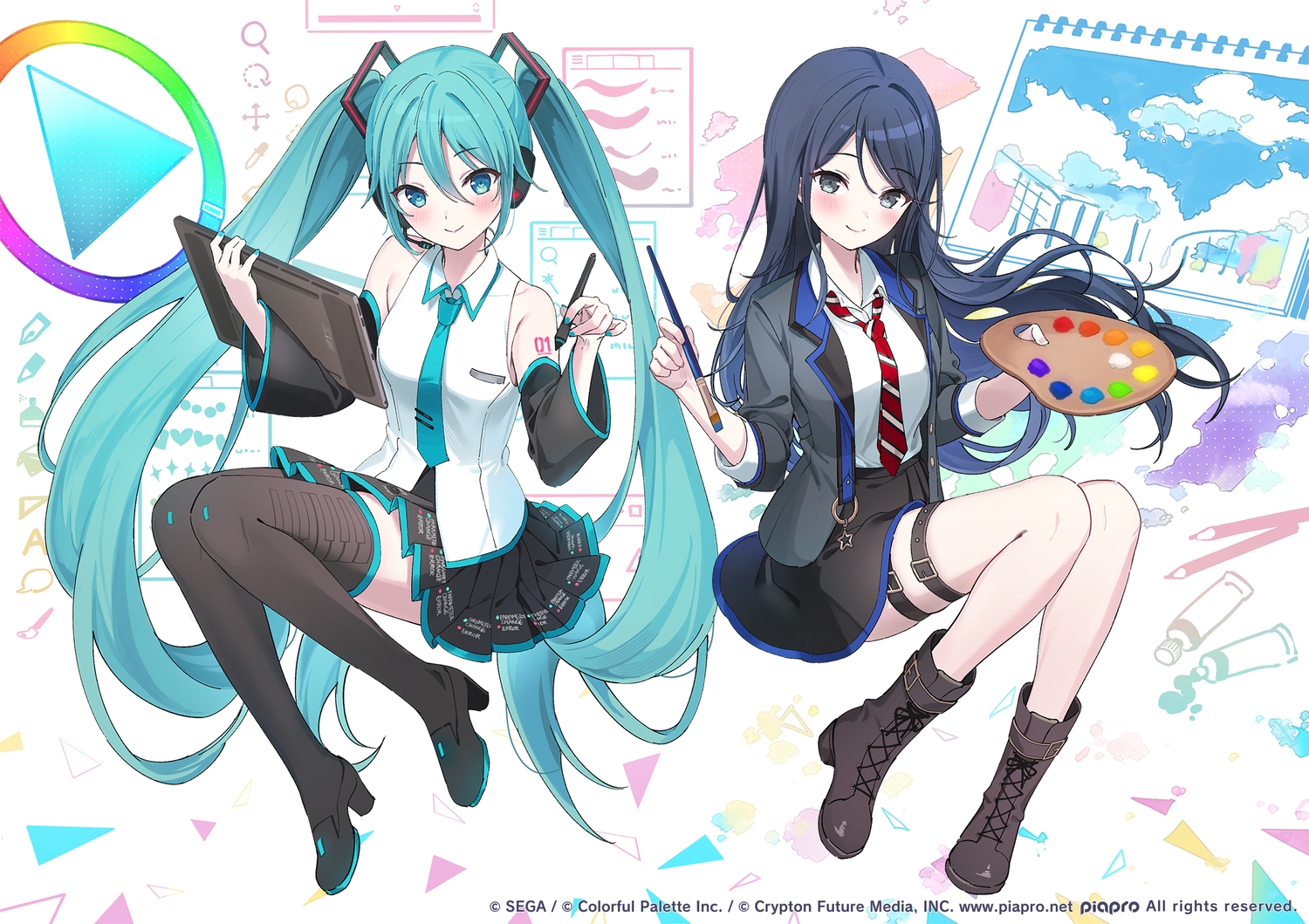 2girls, aliasing, aqua_eyes, aqua_hair, black_hair, blush, boots, computer