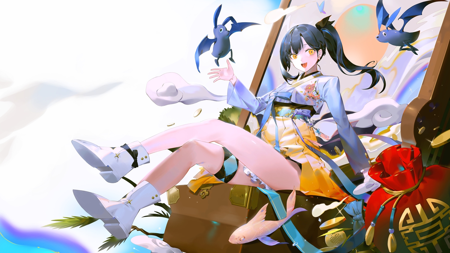 animal, black_hair, boots, bow, cat_smile, clouds, dachiarai, fang