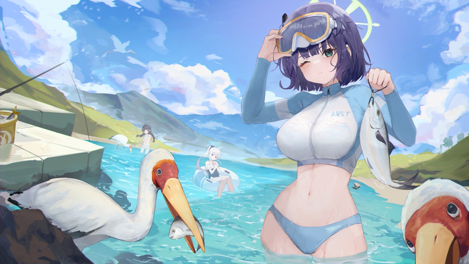 animal, bikini, bird, black_hair, blue_archive, blush, braids, breasts