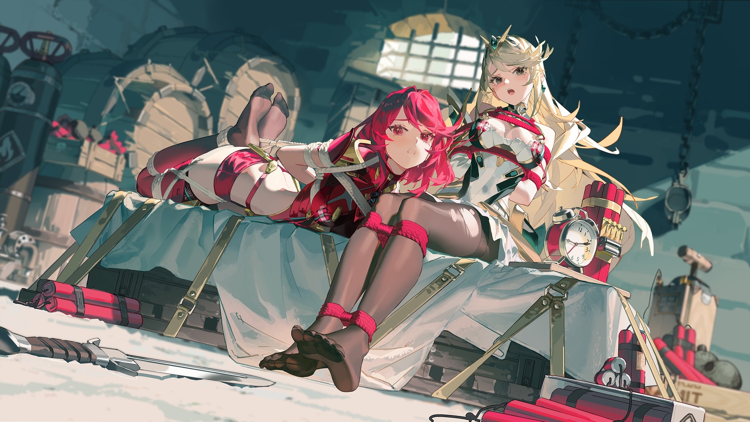2girls, ass, blonde_hair, bondage, breasts, cleavage, dress, gray_eyes, hikari_(xenoblade), homura_(xenoblade), knife, long_hair, pantyhose, red_eyes, red_hair, rope, short_hair, shorts, thighhighs, torn_clothes, weapon, xenoblade, x-red_flower