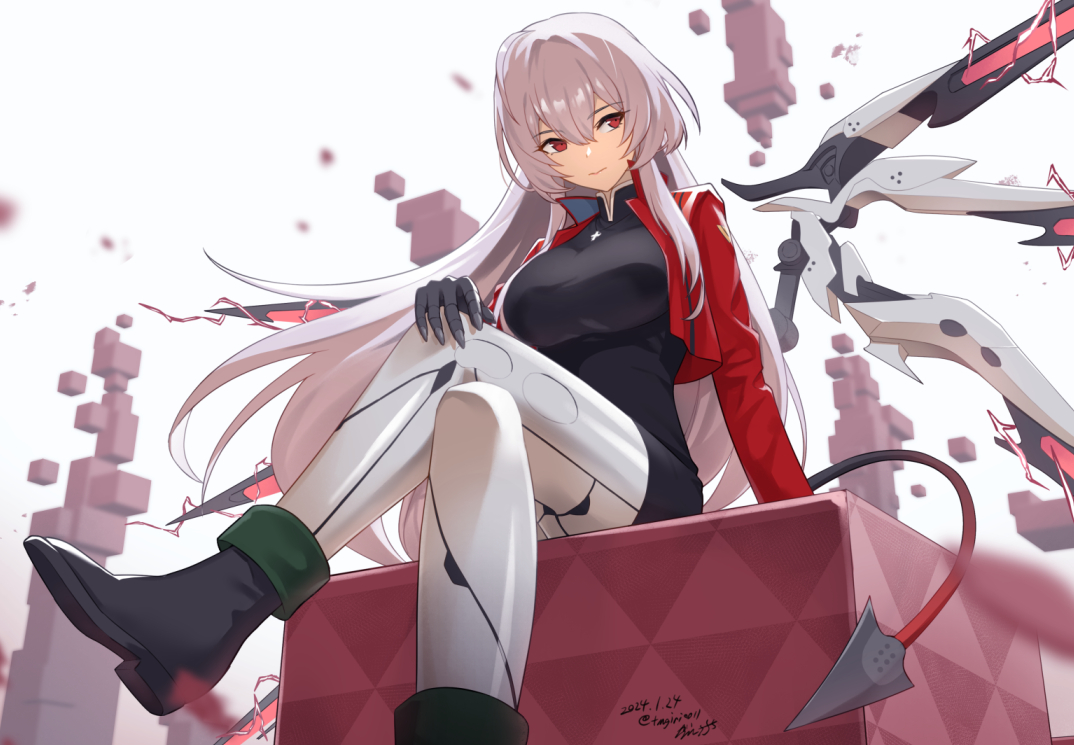 boots, dress, gray_hair, long_hair, red_eyes, sarasa_(kanbi), signed, tagme_(character)