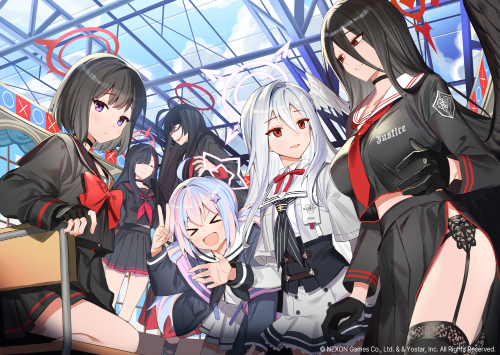 aliasing, black_hair, blue_archive, blush, bow, choker, clouds, empew