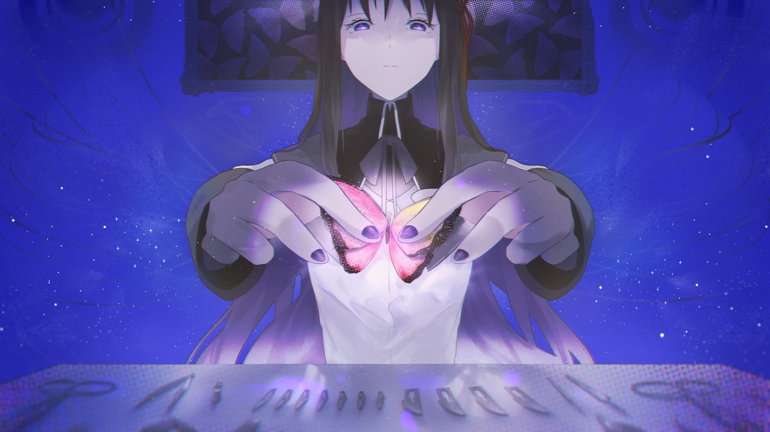 akemi_homura, black_hair, blue, bow, butterfly, dinned, knife, long_hair, mahou_shoujo_madoka_magica, purple_eyes, ribbons, school_uniform