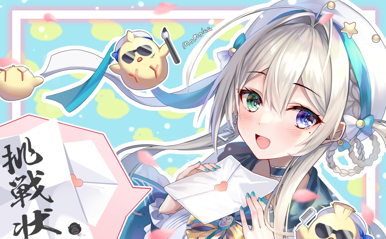 animal, bicolored_eyes, bird, blush, bow, braids, choker, close