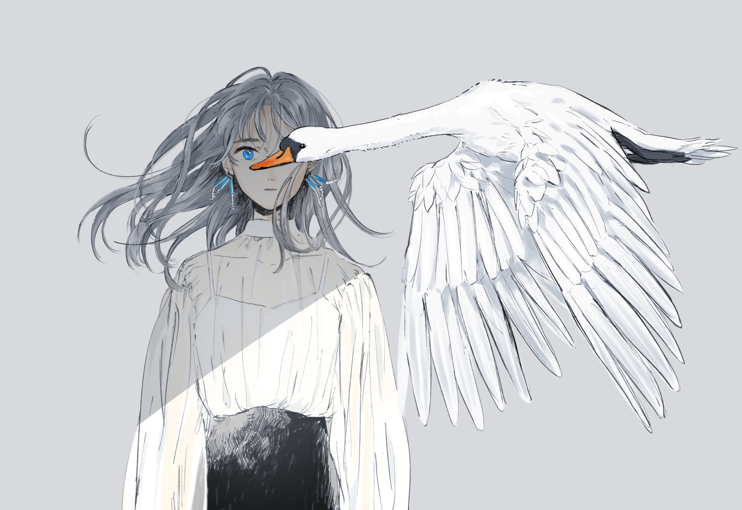animal, bird, blue_eyes, gray, gray_hair, hinao_(flowerrabbit2348), long_hair, original
