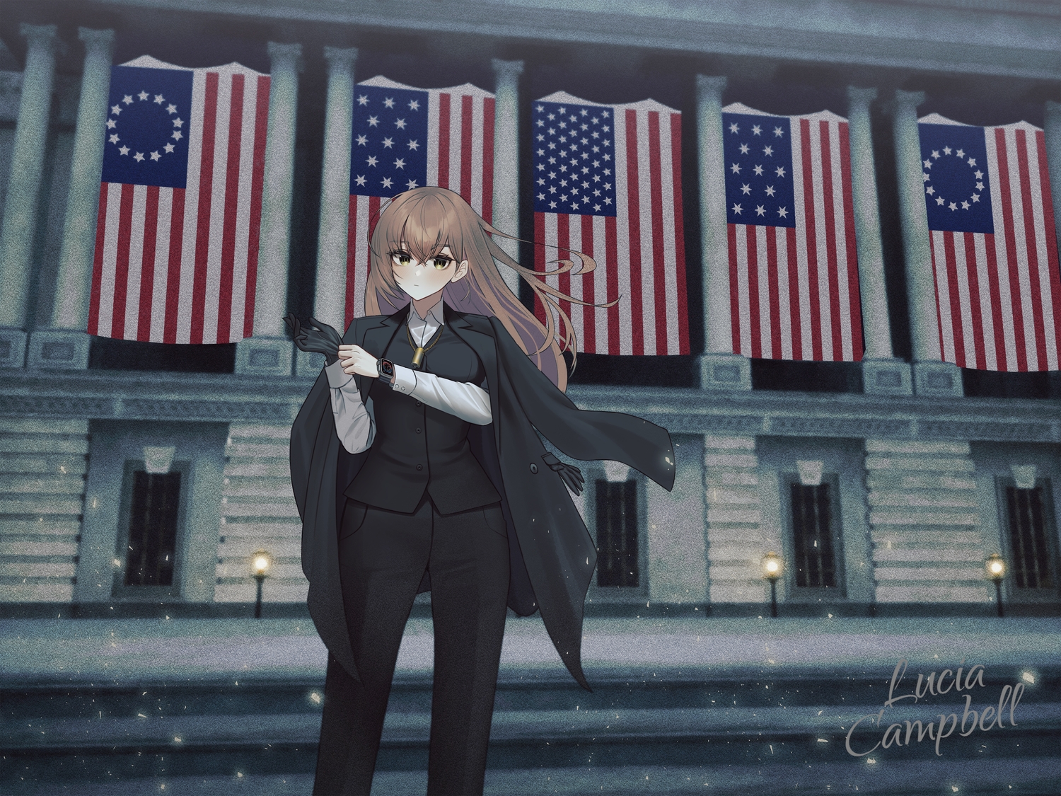 blush, brown_hair, building, cape, gloves, kkkk_(laa2973), long_hair, necklace, novelpia, shirt, stairs, suit, tagme_(character), wristwear, yellow_eyes