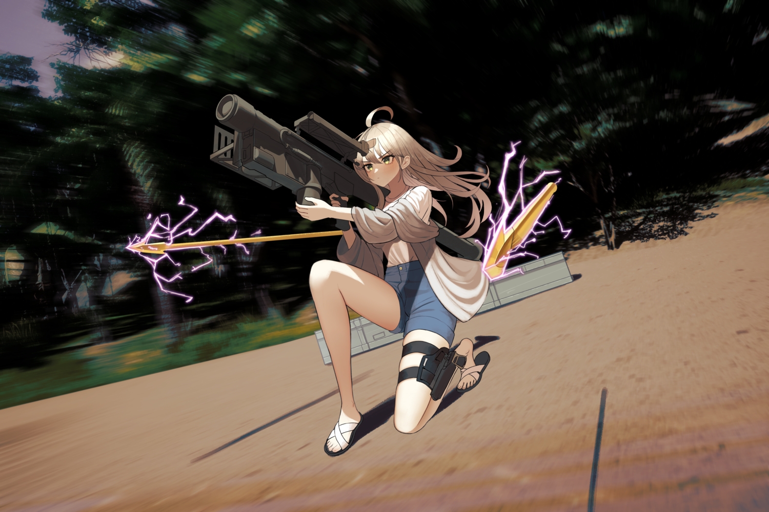 blonde_hair, blush, dress, green_eyes, kkkk_(laa2973), magic, novelpia, sky, tree, weapon