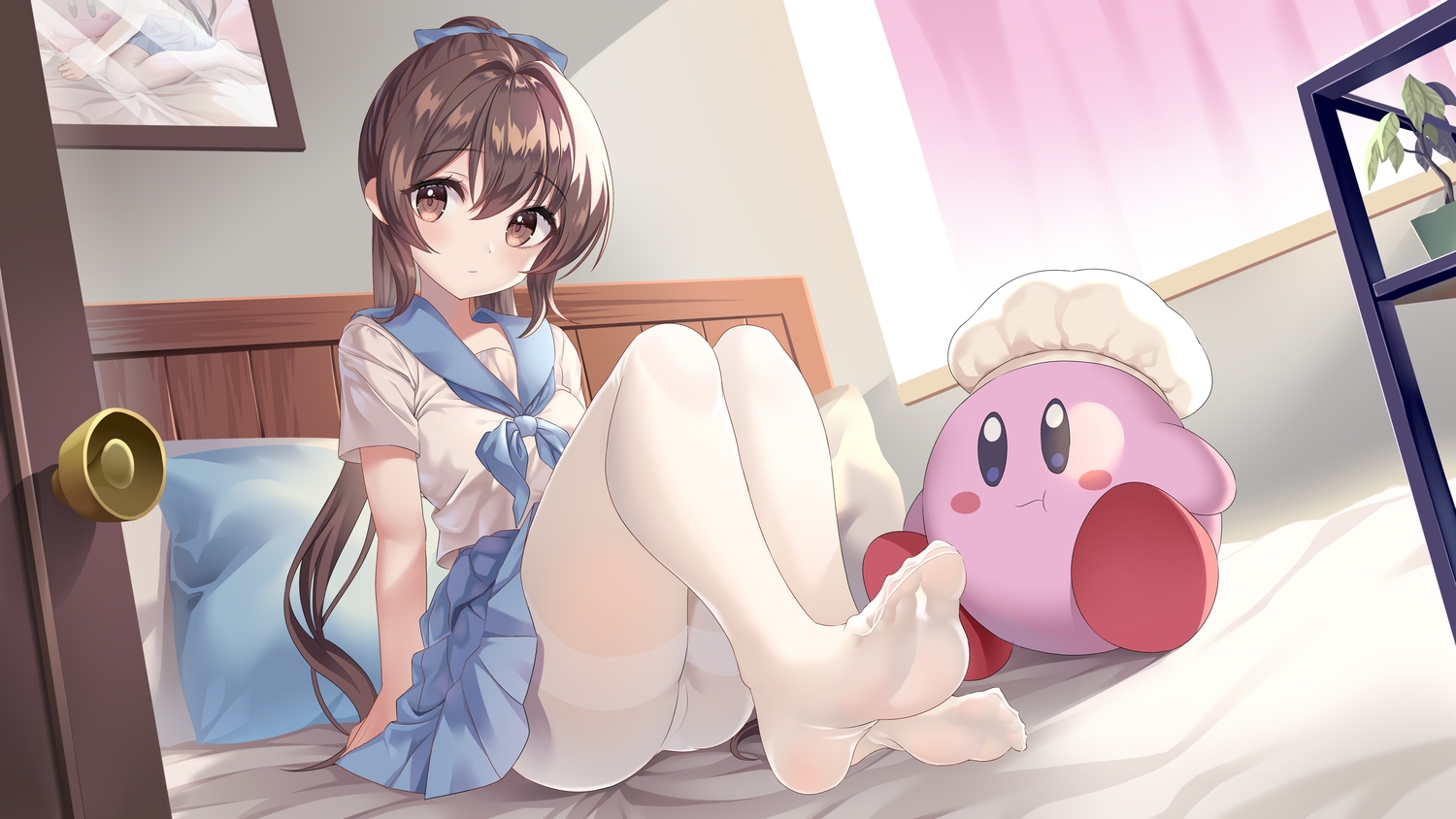 bed, brown_eyes, brown_hair, freshylulu_m, kirby, kirby_(character), long_hair, original
