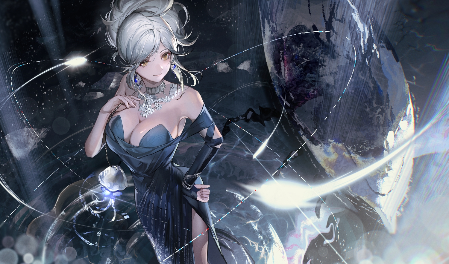 breasts, choker, cleavage, dress, elbow_gloves, eternity_(reverse:1999), gloves, gray_hair, hiyaori_(hiyahiyaval), necklace, reverse:1999, short_hair, wristwear, yellow_eyes