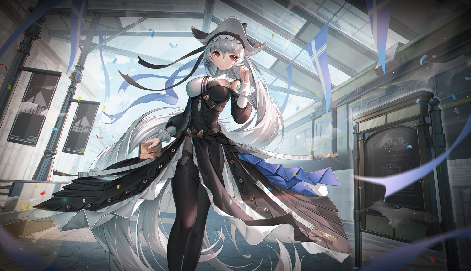 arknights, building, clouds, dress, gray_hair, hat, long_hair, pantyhose