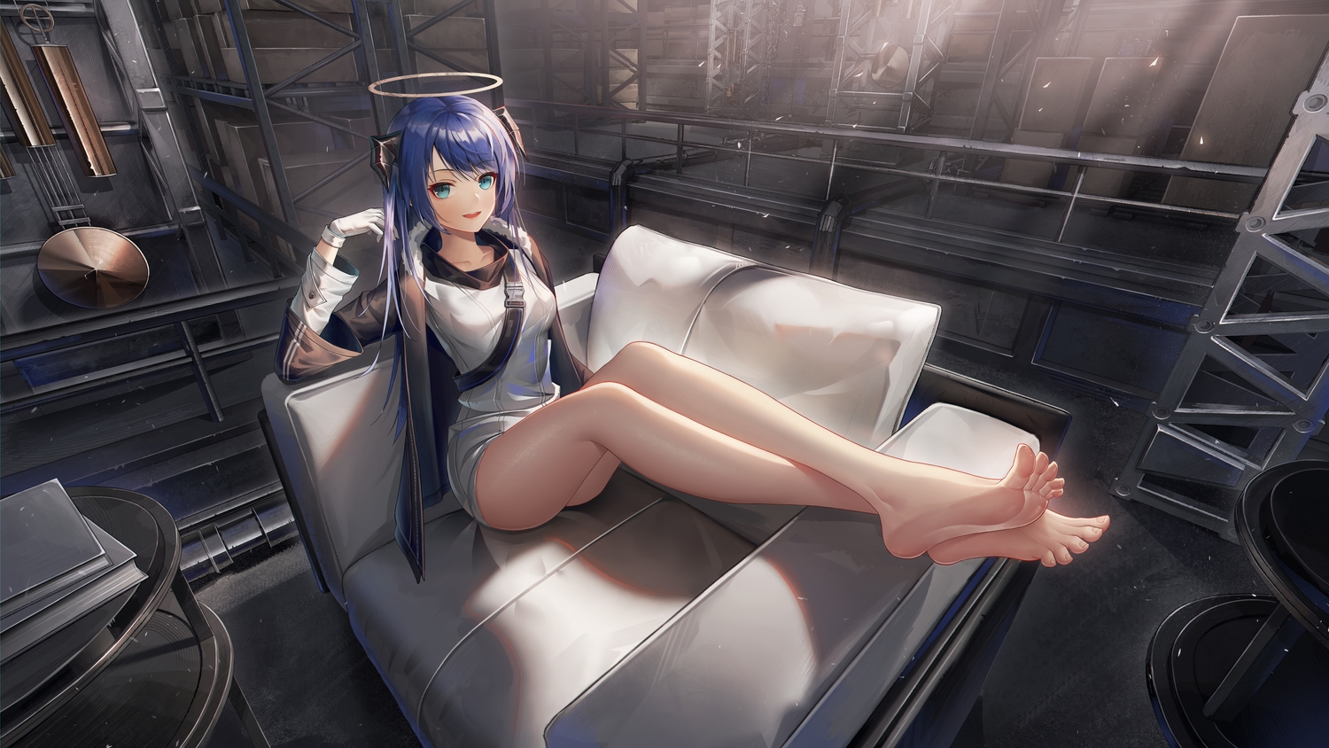 aqua_eyes, arknights, barefoot, blue_hair, book, couch, dress, gloves