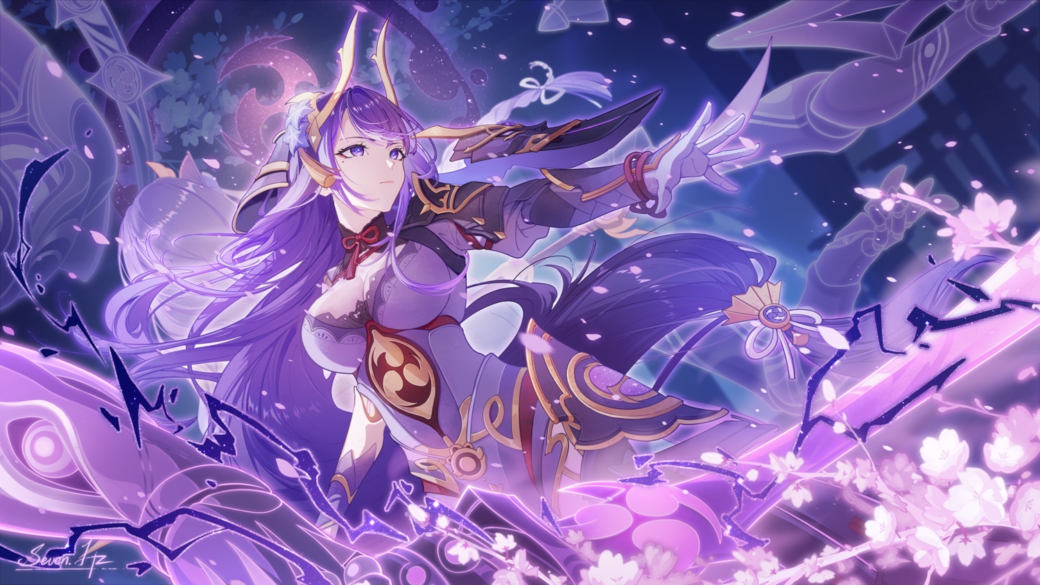 2girls, 7hertz, breasts, cherry_blossoms, cleavage, flowers, genshin_impact, gloves, horns, leotard, long_hair, magic, makoto_(genshin_impact), petals, purple_eyes, purple_hair, raiden_shogun, signed