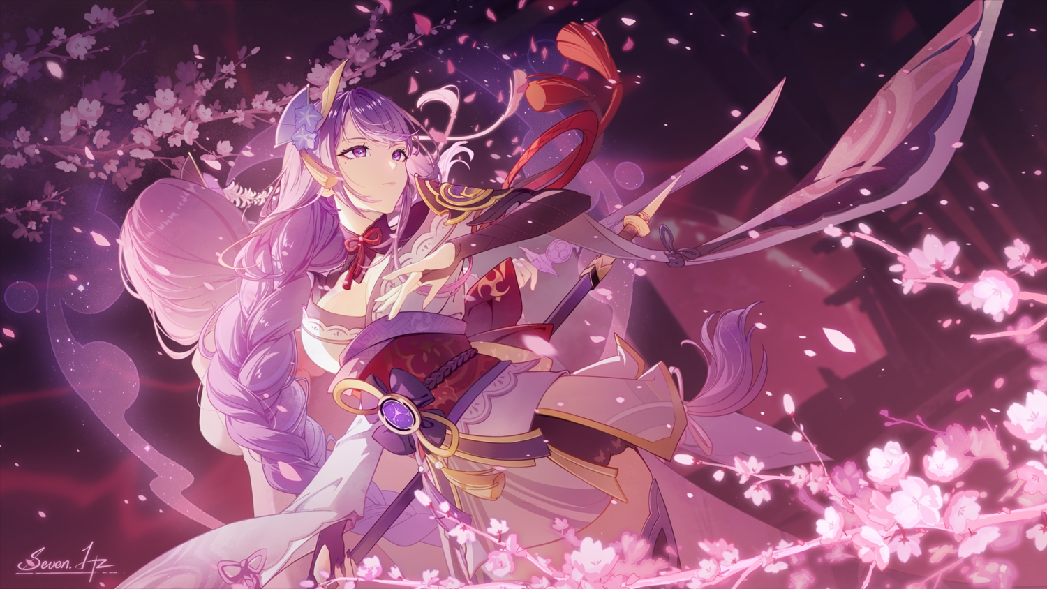 2girls, 7hertz, braids, breasts, cherry_blossoms, cleavage, flowers, genshin_impact, gloves, horns, japanese_clothes, long_hair, makoto_(genshin_impact), petals, purple_eyes, purple_hair, raiden_shogun, signed, torii, weapon