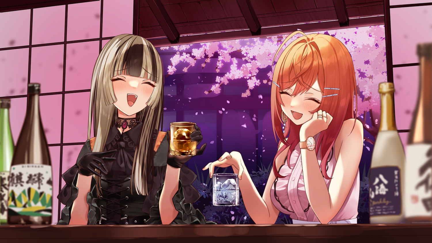 2girls, black_hair, blush, cherry_blossoms, choker, drink, flowers, gloves