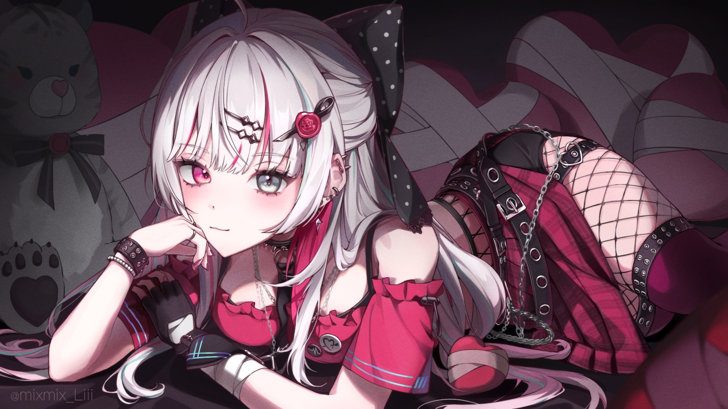 bandage, bicolored_eyes, bow, cat_smile, choker, garter, gloves, gray_hair