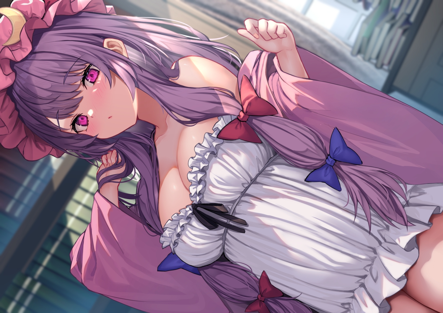 blush, book, bow, breasts, cleavage, hat, long_hair, pajamas