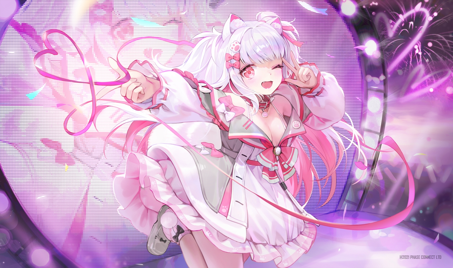 animal_ears, blush, bow, breasts, cat_smile, cleavage, collar, doggirl