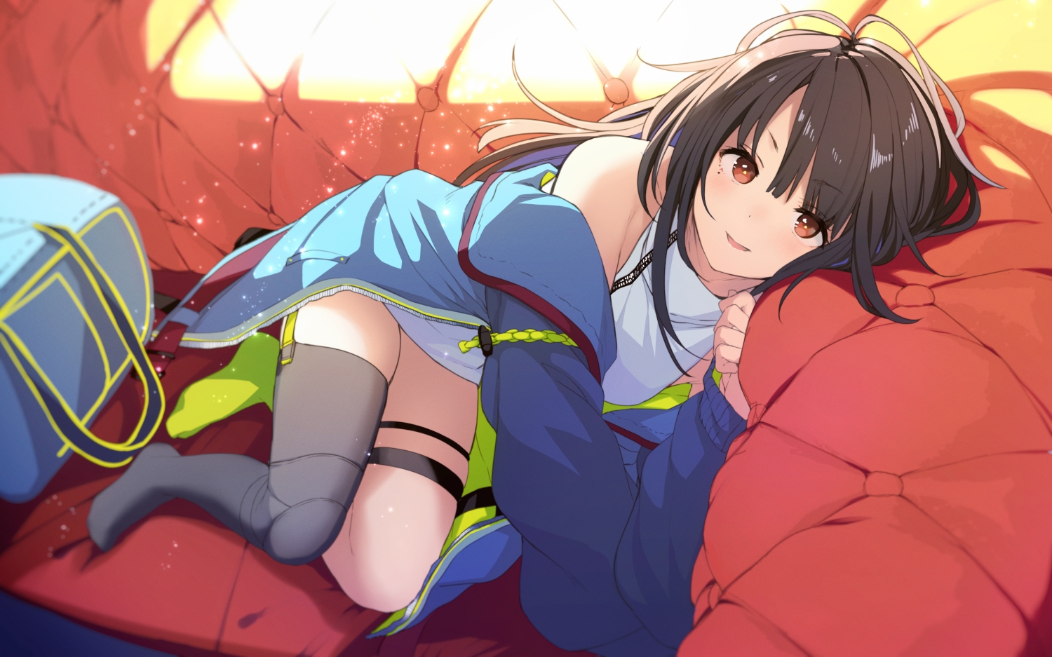 anthropomorphism, black_hair, c-ms_(girls_frontline), couch, dress, garter, girls_frontline, hood, long_hair, red_eyes, socks, thighhighs, tobi-mura