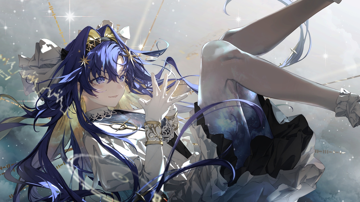 blue_eyes, blue_hair, dress, elbow_gloves, gloves, headband, long_hair, miya-ki_(miya_key), reverse:1999, voyager_(reverse:1999), wristwear