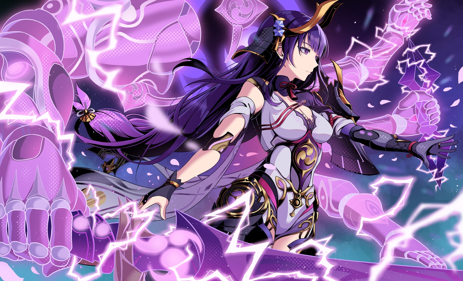 armor, breasts, cleavage, genshin_impact, gloves, horns, leotard, long_hair