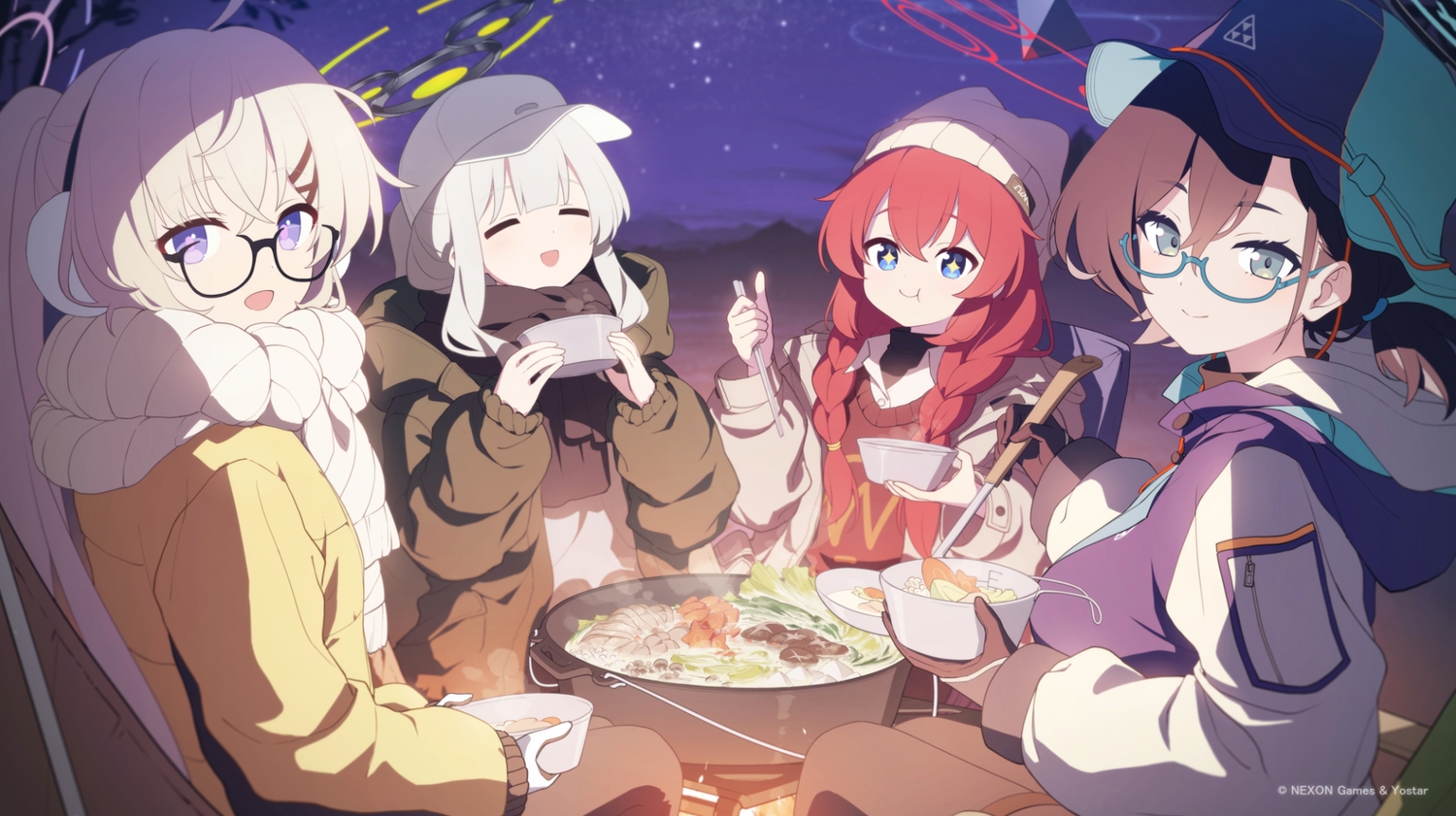 black_hair, blue_archive, blue_eyes, braids, earmuffs, fire, food, glasses