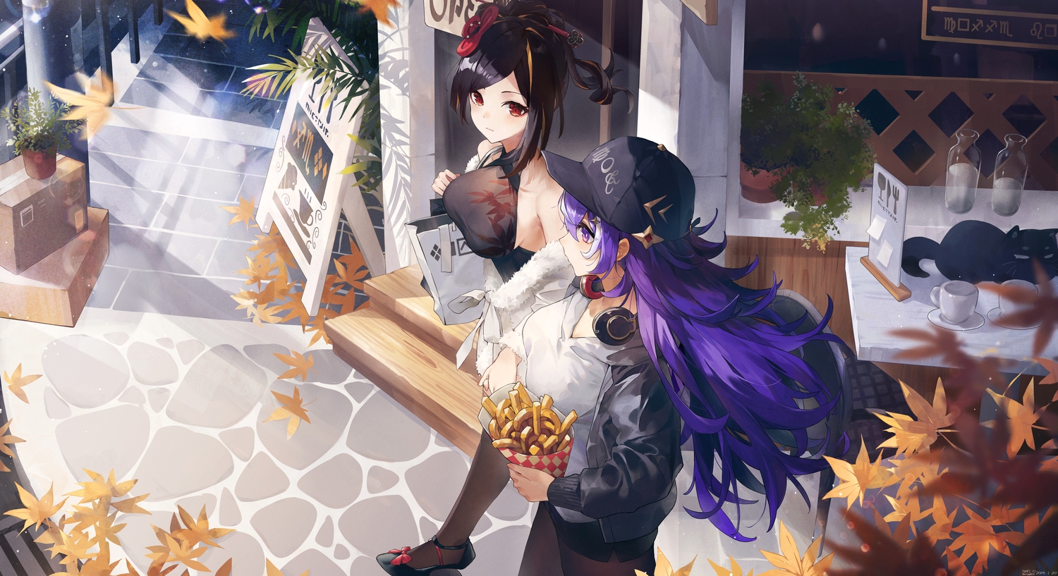 2girls, animal, autumn, black_hair, breasts, building, cat, chevreuse_(genshin_impact), chinese_clothes, chiori_(genshin_impact), food, genshin_impact, hat, headphones, hood, leaves, long_hair, pantyhose, purple_eyes, purple_hair, red_eyes, sideboob, signed, stairs, swkl:d