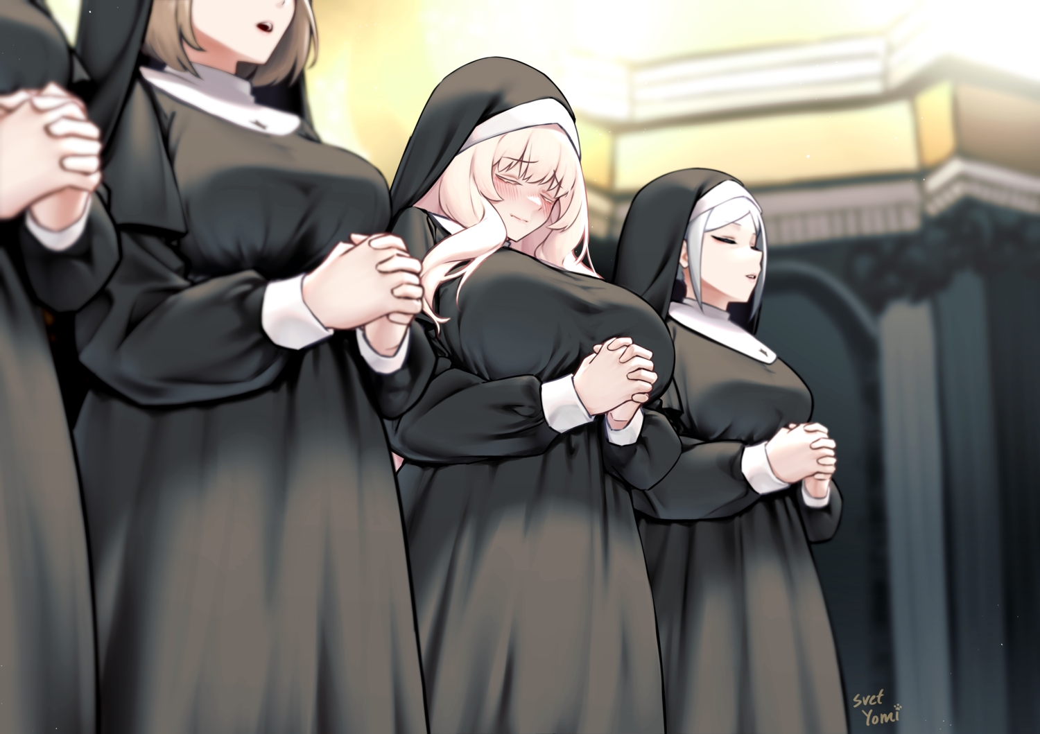 blonde_hair, blush, breast_hold, breasts, brown_hair, gray_hair, group, headdress, long_hair, nun, original, short_hair, signed, svet_yomi
